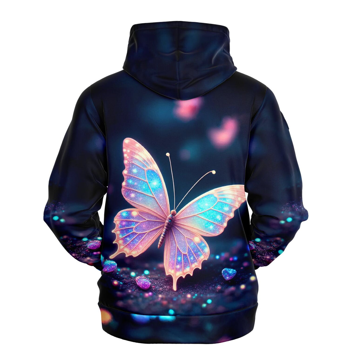 Schwarzer Dreamer Hoodie mit leuchtendem Schmetterlings-Motiv im Stil von Diamond-Painting-Funkeln und bunten Lichteffekten