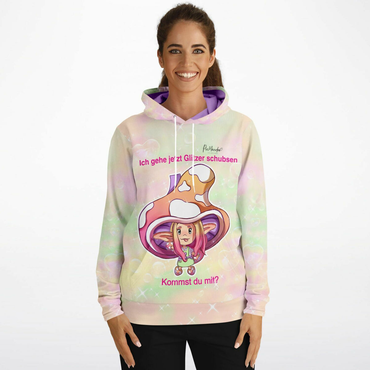 Frau trägt Hoodie mit süßem Moni Shroomi Motiv für Diamond Painting Fans und den Slogan Ich gehe jetzt Glitzer schubsen