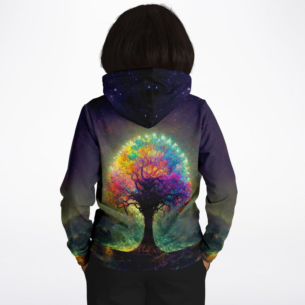 Hoodie mit buntem leuchtenden Baum unter Sternenhimmel, ähnliches Design wie Malen nach Zahlen oder Diamond Painting