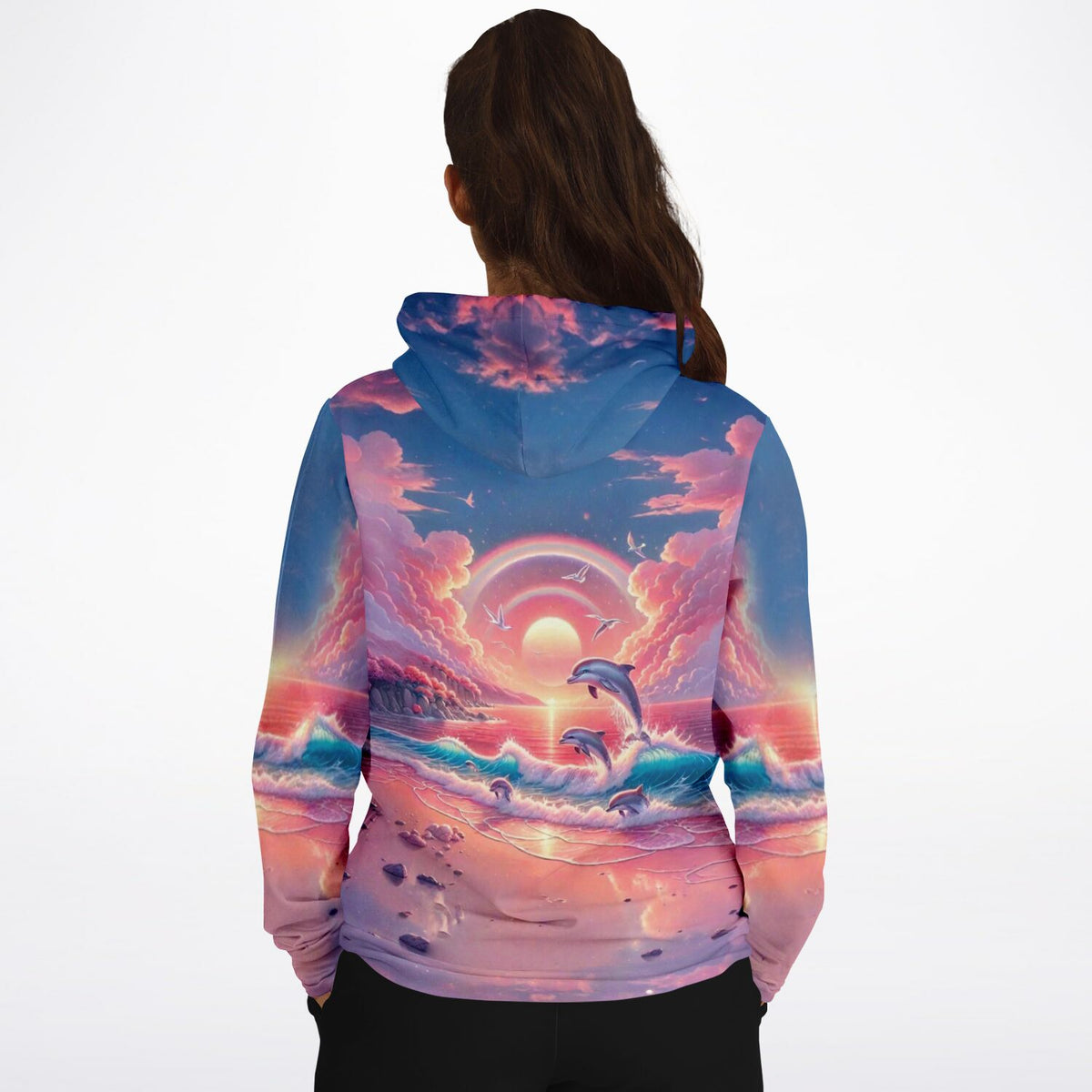 Dreamer Hoodie mit Delfin-Motiv bei Sonnenuntergang, passend zum ästhetischen Stil unserer Diamond Painting Sets.