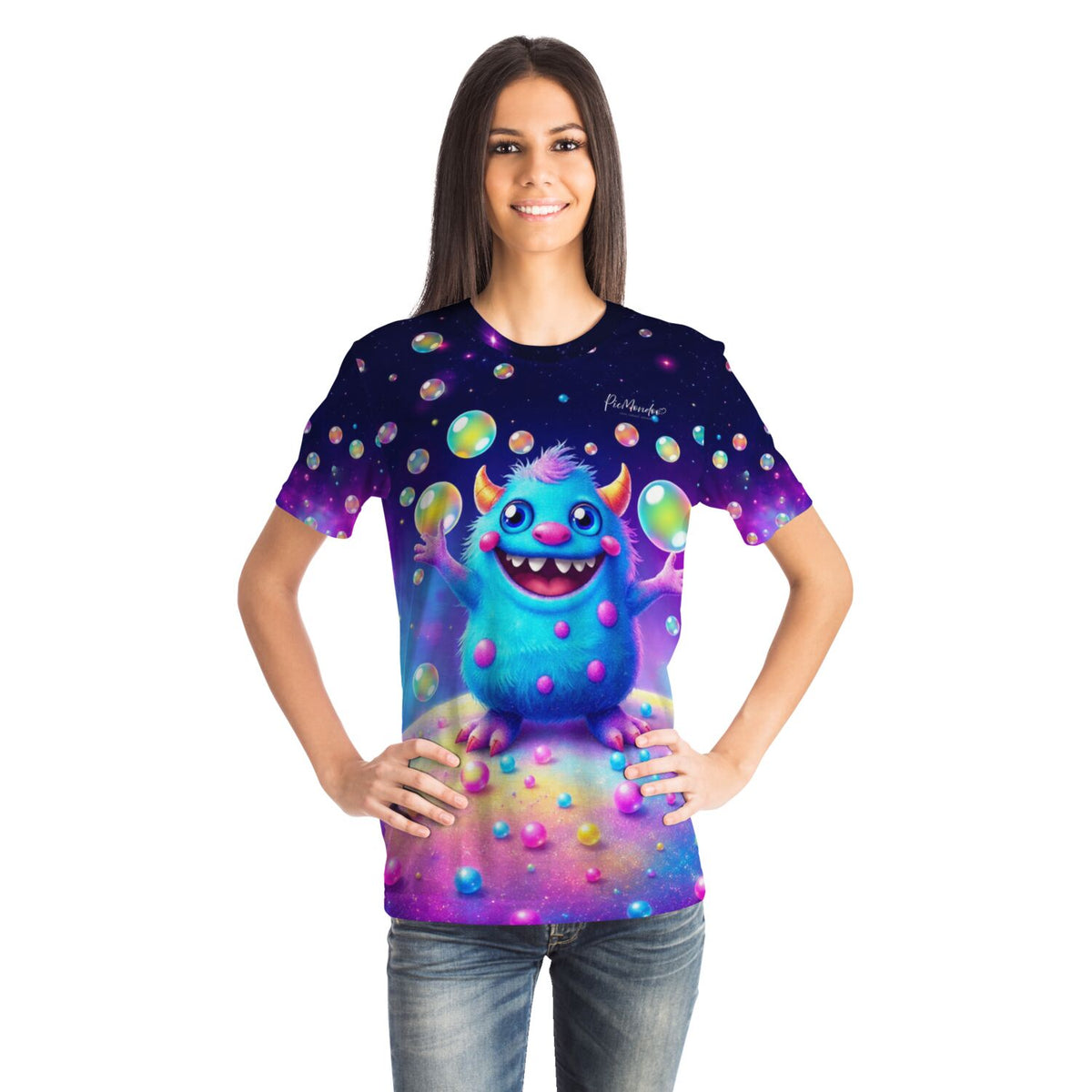 Frau trägt blaues Wunsch-T-Shirt mit buntem Monster und Seifenblasen im Picmondoo Diamond Painting Design