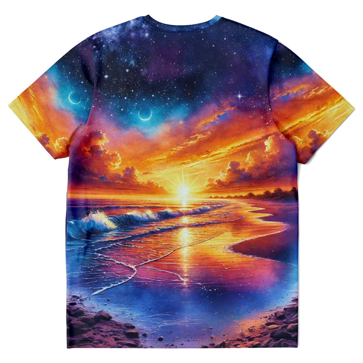 Dreamer T-Shirt mit farbenfrohem Strand-Sonnenuntergang, Sternenhimmel und Ozean-Motiv im Stil von Diamond Painting