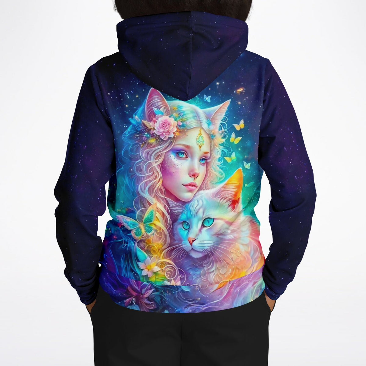 Dreamer Hoodie mit farbenfrohem Katzenelfen-Motiv, kunstvollem Galaxy-Hintergrund, Schmetterlingen und floralen Details