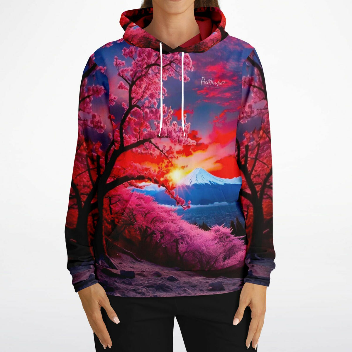 Dreamer Hoodie mit Kirschblüten und Berg-Motiv, inspiriert durch Diamond Painting und Malen nach Zahlen Designs.
