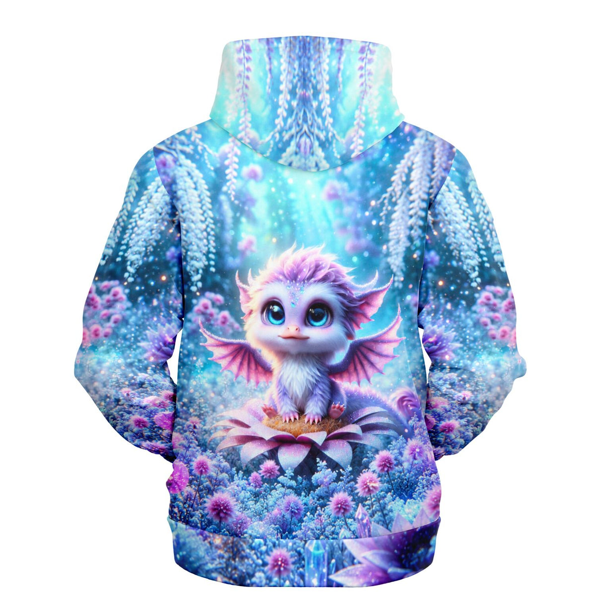 Hoodie mit süßem Drachen-Motiv in blau-lila Traumlandschaft, passend für Fans von Diamond Painting und Malen nach Zahlen
