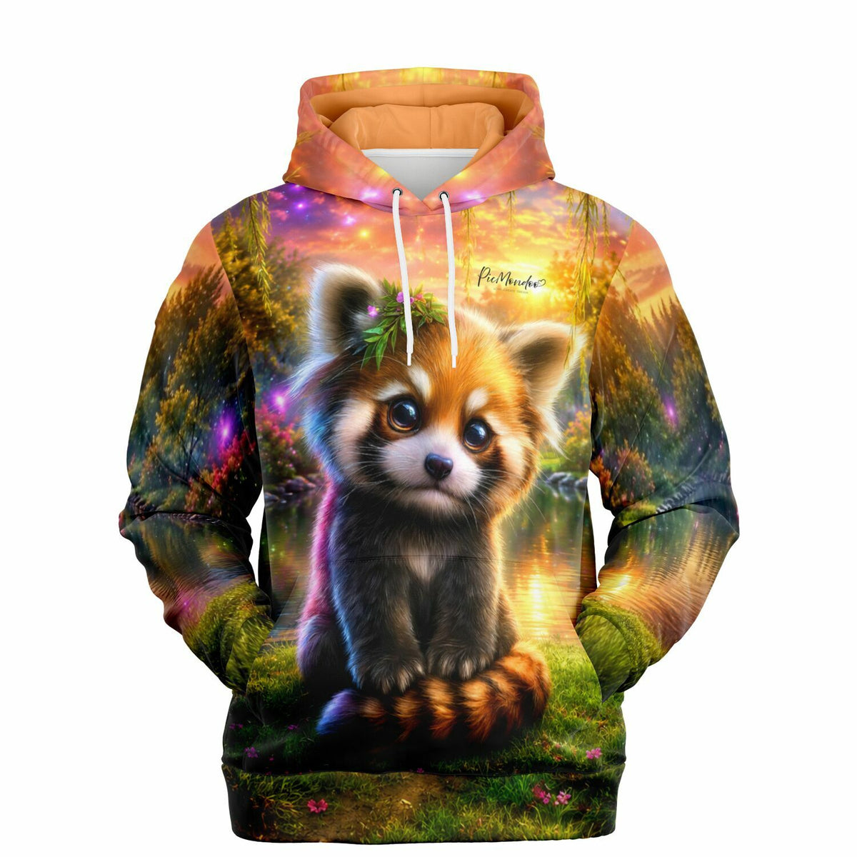 Dreamer Hoodie Kind des Waldes mit süßem Roten Panda Motiv im mystischen Wald bei Sonnenuntergang als AOP-Design