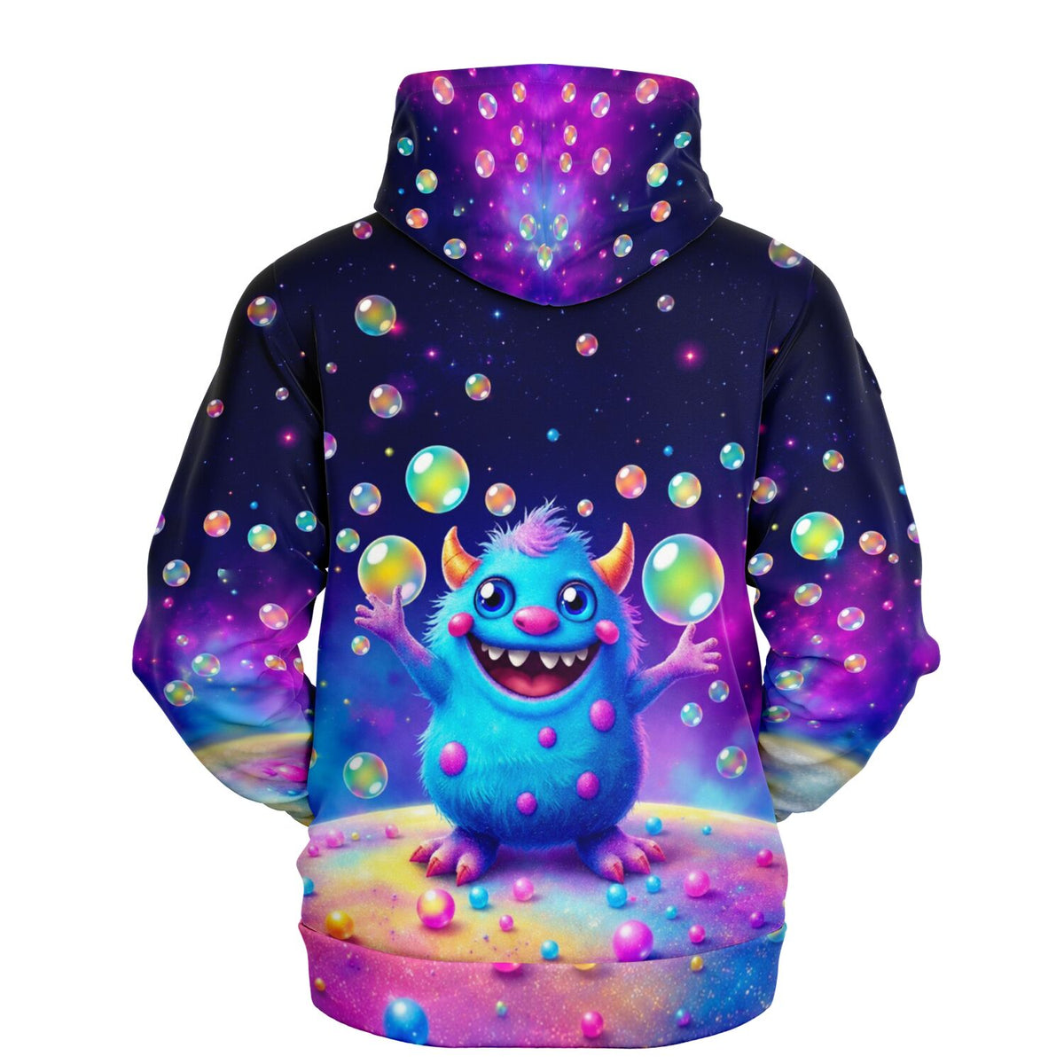 Dreamer Hoodie mit buntem Monster-Motiv und Seifenblasen im Vollformat-Druck, perfekt für Fans von kreativem Fashion-Design.