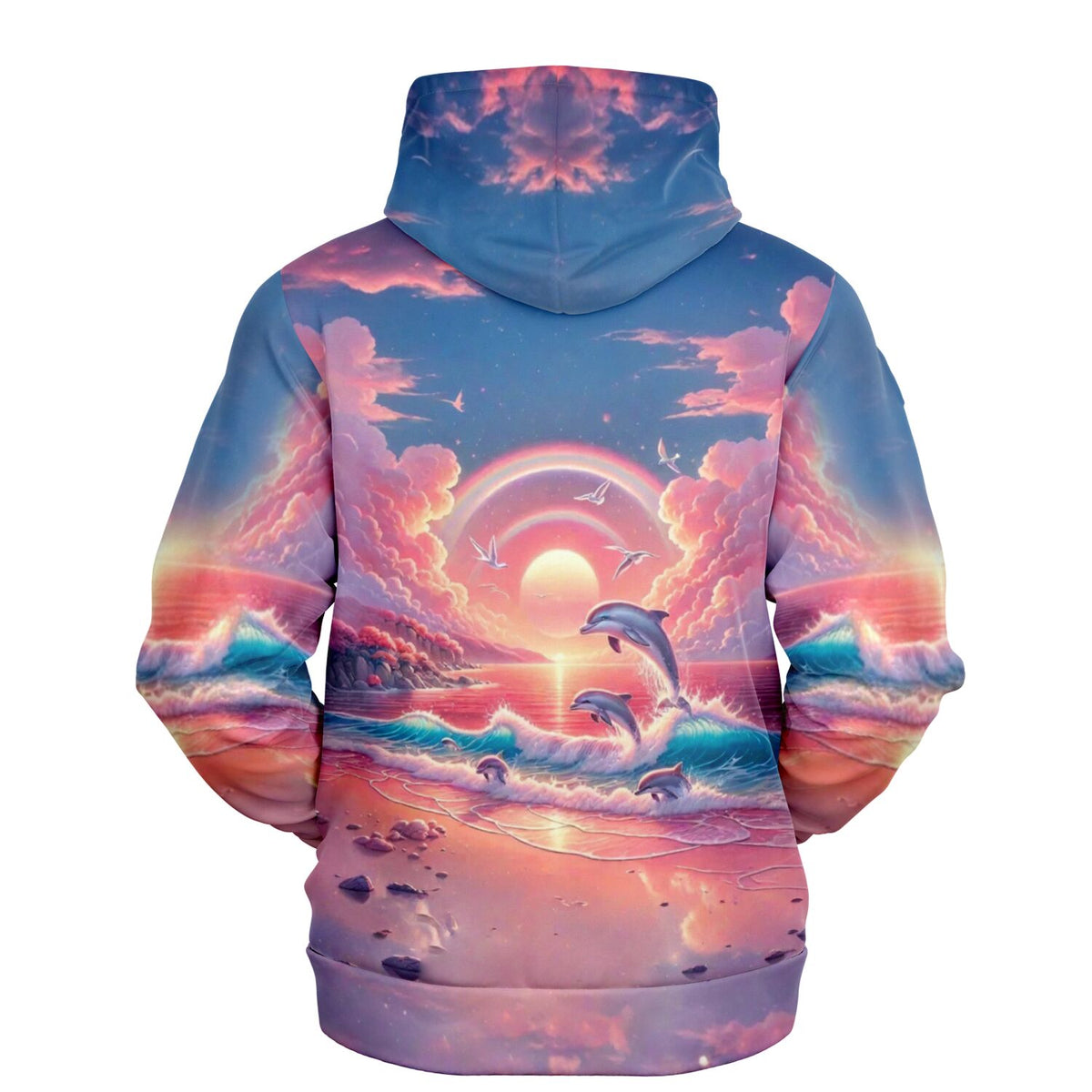 Dreamer Hoodie mit Delfinen, Regenbogen und Meeresrauschen im künstlerischen AOP-Design für DIY-Fans