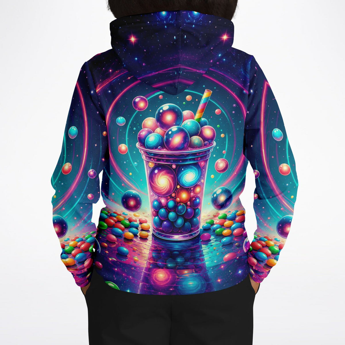 Dreamer Hoodie mit farbenfrohem Bubble-Tea-Universum Print und Weltraum-Motiv für kreative DIY-Fans