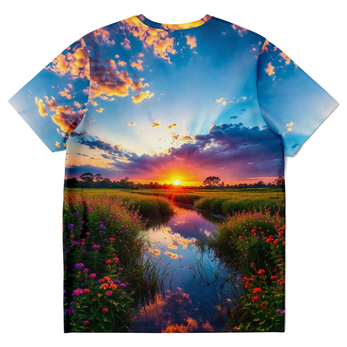 Dreamer T-Shirt Morgenrot mit buntem Sonnenaufgang, Blumenwiese und Fluss, ideal für Fans von Malen nach Zahlen Motiven.