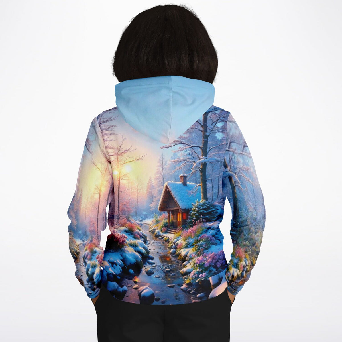 Dreamer Hoodie Wintermorgen mit verschneiter Waldhütte im Stil von Diamond Painting und Malen nach Zahlen Motiven