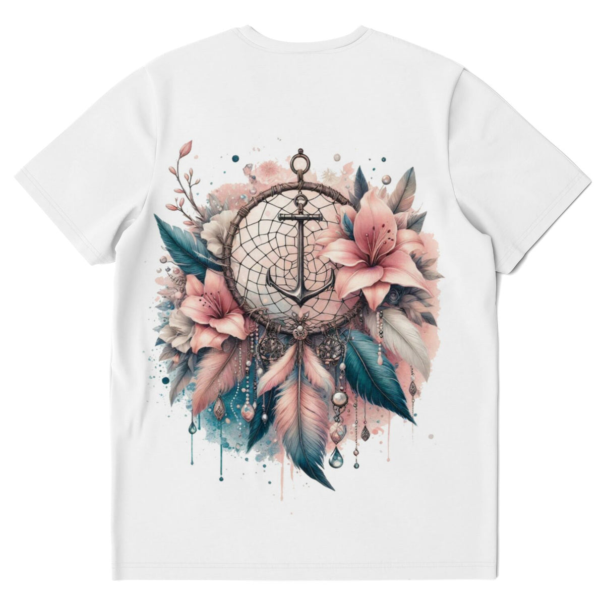Weißes T-Shirt mit Dreamer Anker Motiv, verziert mit Traumfänger, Blumen und Federn im Aquarell-Stil