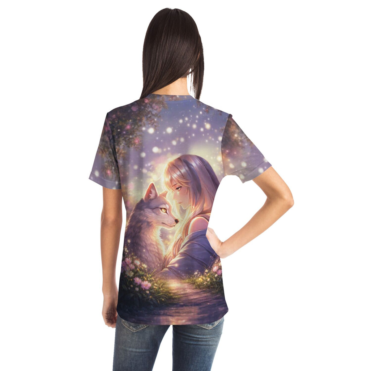T-Shirt mit künstlerischem Dreamer-Motiv: Mädchen mit Wolf im Wald, ideal als Vorlage für Diamond Painting oder Malen