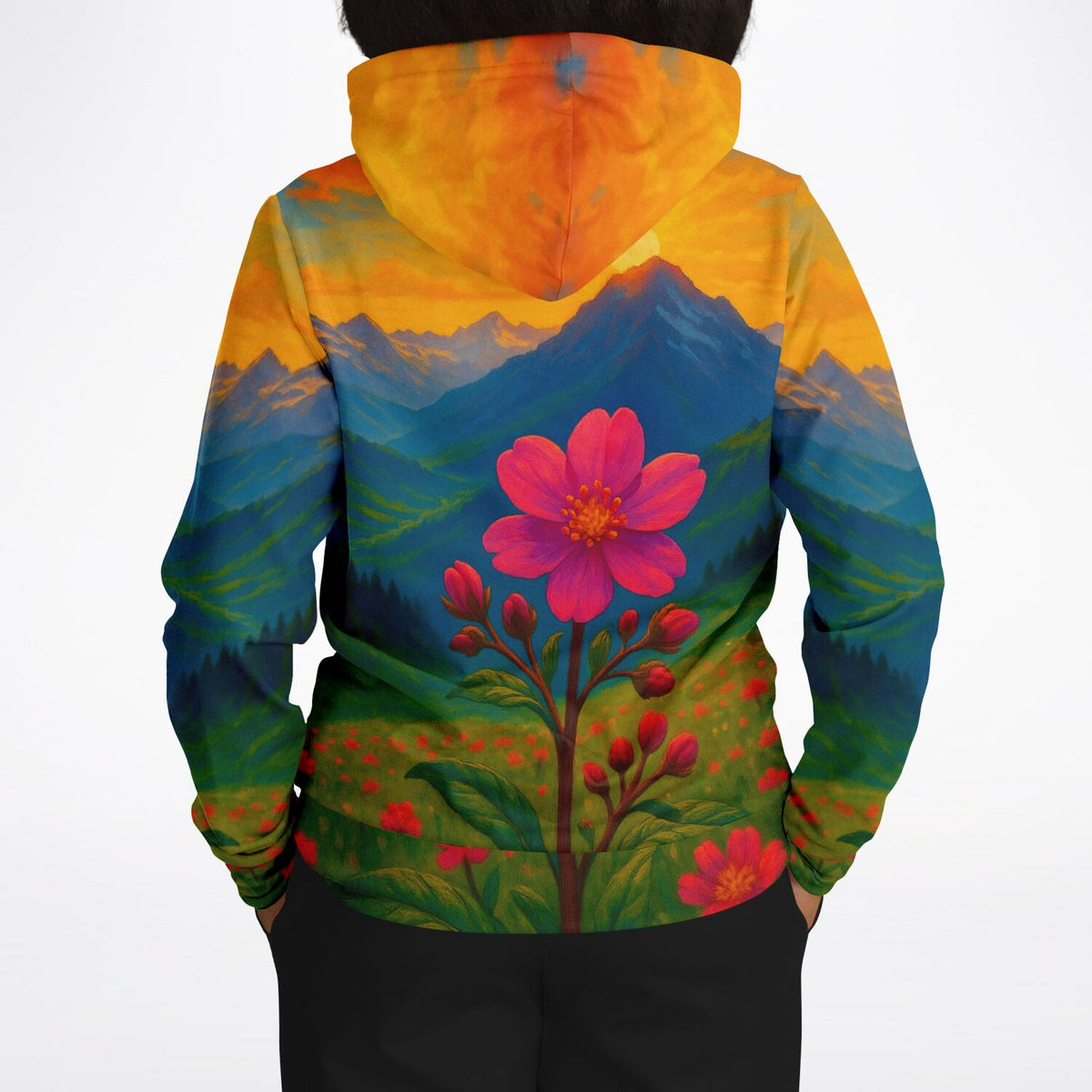 Dreamer Hoodie mit Gebirgsblume Motiv, kunstvoller All-Over-Print im Stil von Malen nach Zahlen für Erwachsene