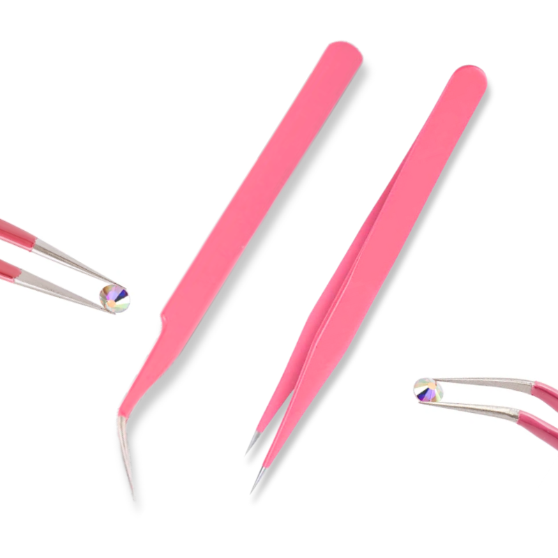 Rosa Diamond Painting Edelstahl Pinzetten 2er Set zum präzisen Greifen von Glitzersteinen als unverzichtbares Zubehör.