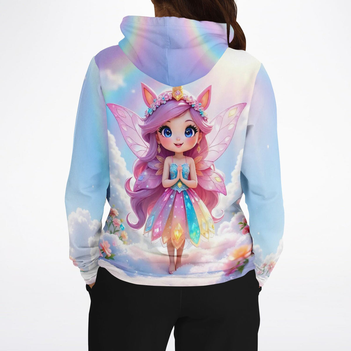 Dreamer Hoodie mit Fee im Wolkenreich Motiv in bunten Regenbogenfarben passend zu Diamond Painting und Malen nach Zahlen