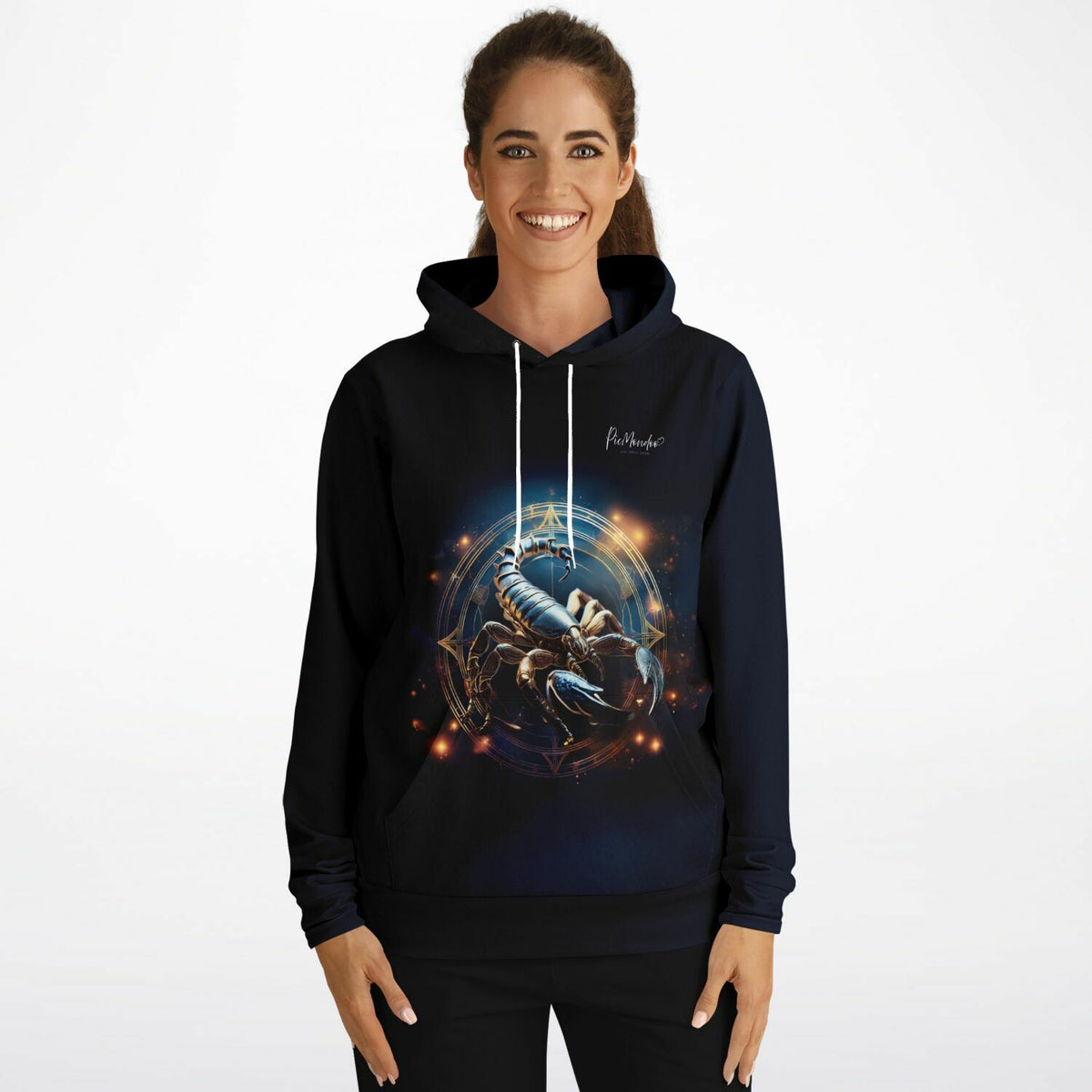 Schwarzer Premium Hoodie mit glänzendem Skorpion-Motiv und astrologischem Design für Fans von Diamond Painting und Kunst.