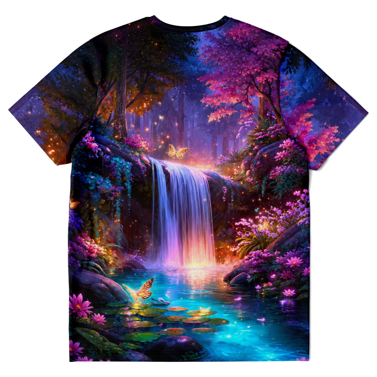 T-Shirt mit magischem Wasserfallmotiv, bunten Blumen und Schmetterlingen im Stil von Diamond Painting Kunst
