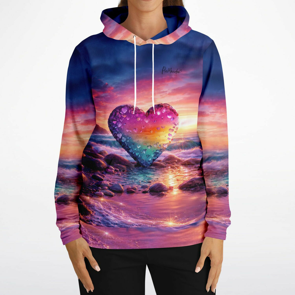 Dreamer Hoodie mit glitzerndem Herz-Motiv im Diamond Painting Stil und farbenfrohem Sonnenuntergang am Meer