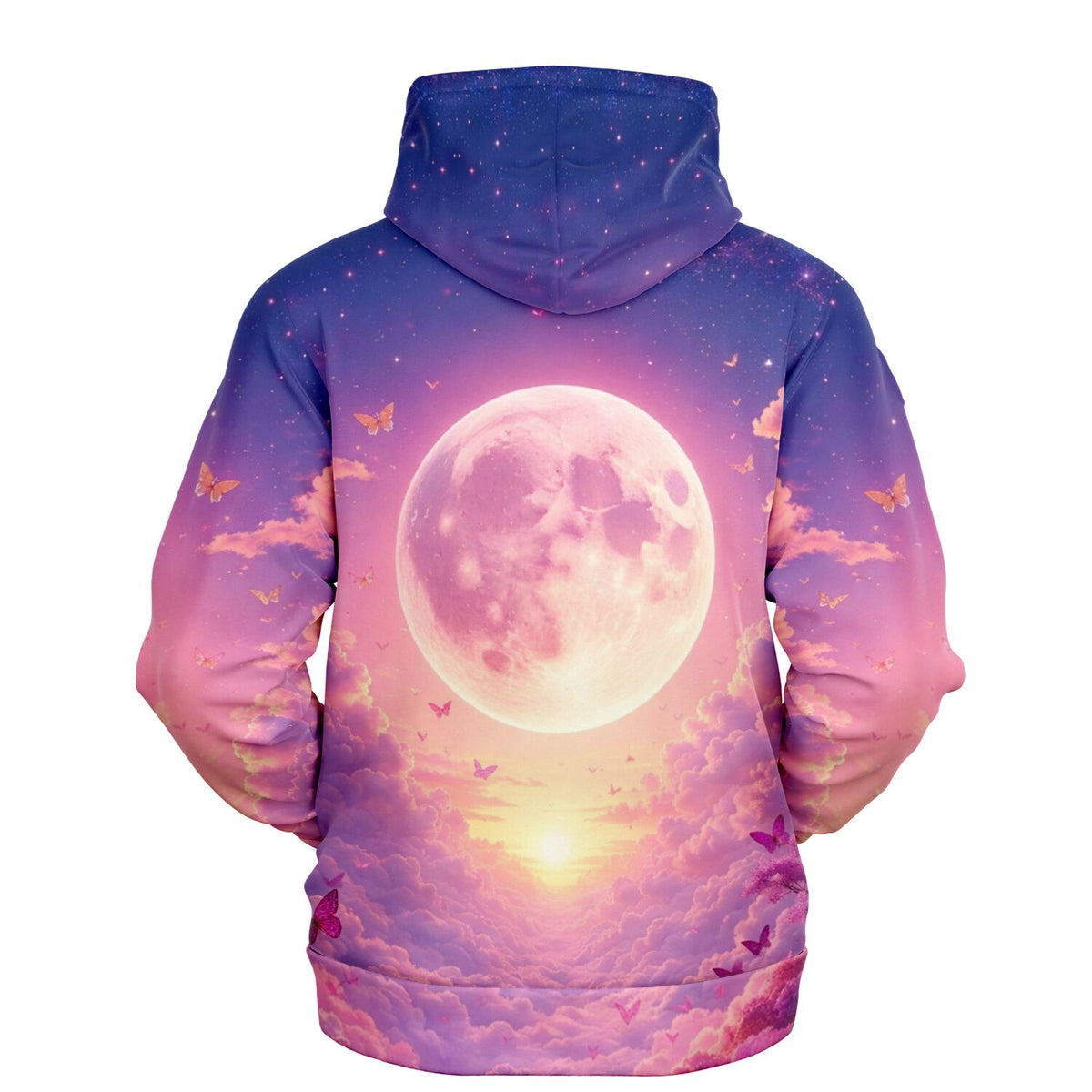 Dreamer Hoodie mit Vollflächendruck: rosa Mond, violette Wolken und farbenfrohe Schmetterlinge bei Sonnenaufgang
