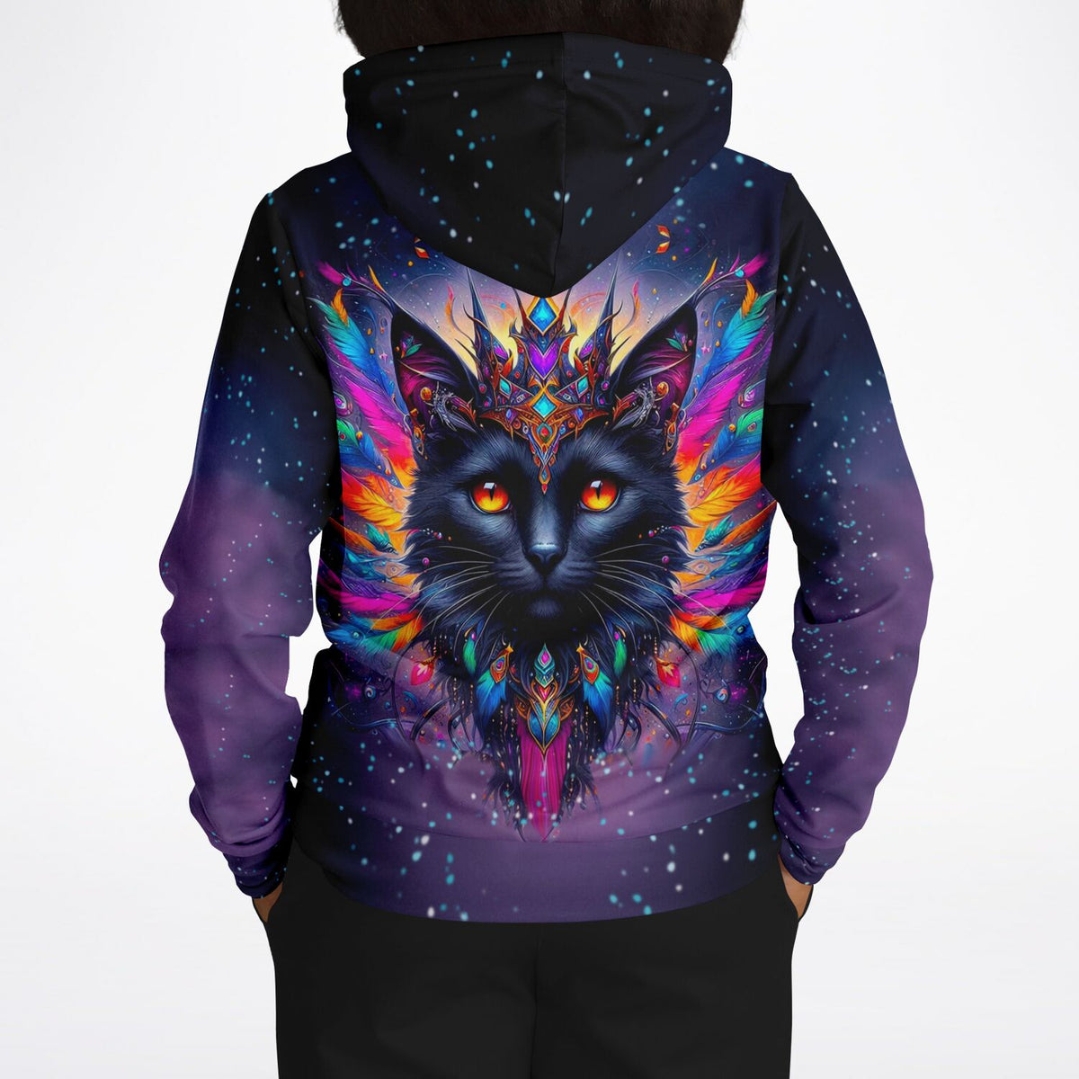 Hoodie mit Mystic Colorsplash Cat Motiv, das an farbenfrohe Kunststile wie Diamond Painting und Malen nach Zahlen erinnert.