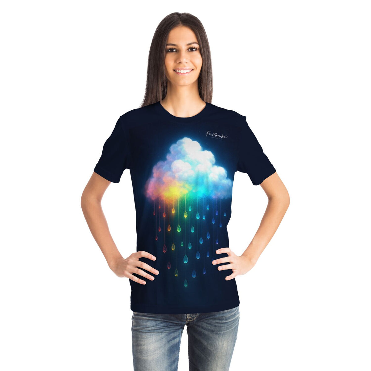 Dunkelblaues T-Shirt mit Regenbogenwolke Motiv für Fans von Diamond Painting und Malen nach Zahlen