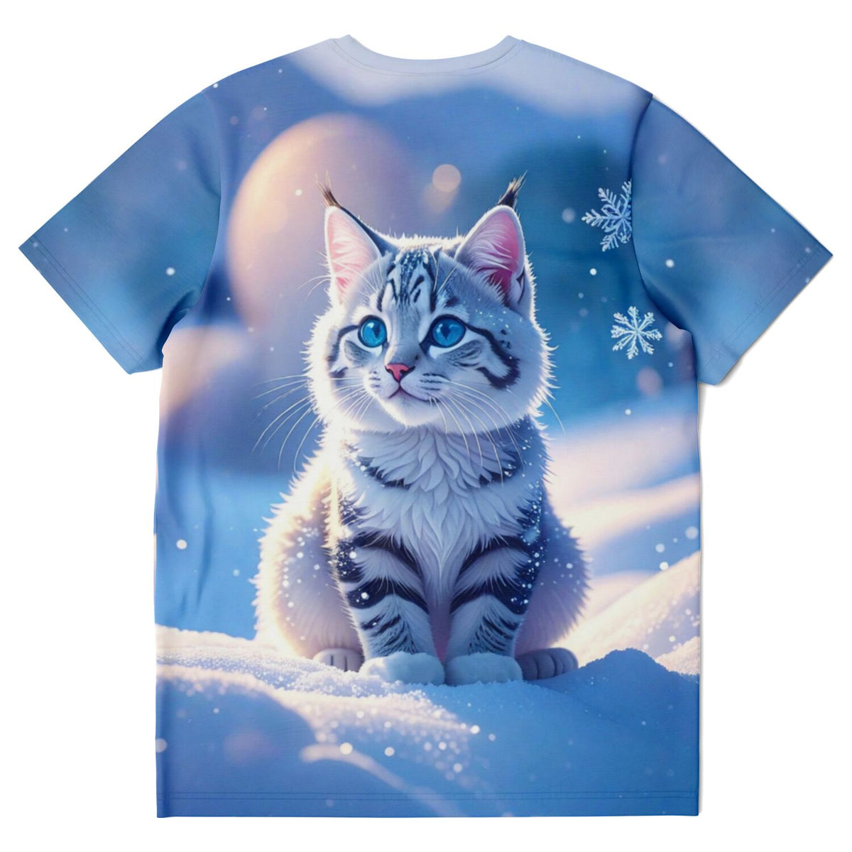 T-Shirt mit Schneegeist Katzenmotiv in blauem Winter-Design, ideal als Inspiration für Diamond Painting oder Malen nach Zahlen