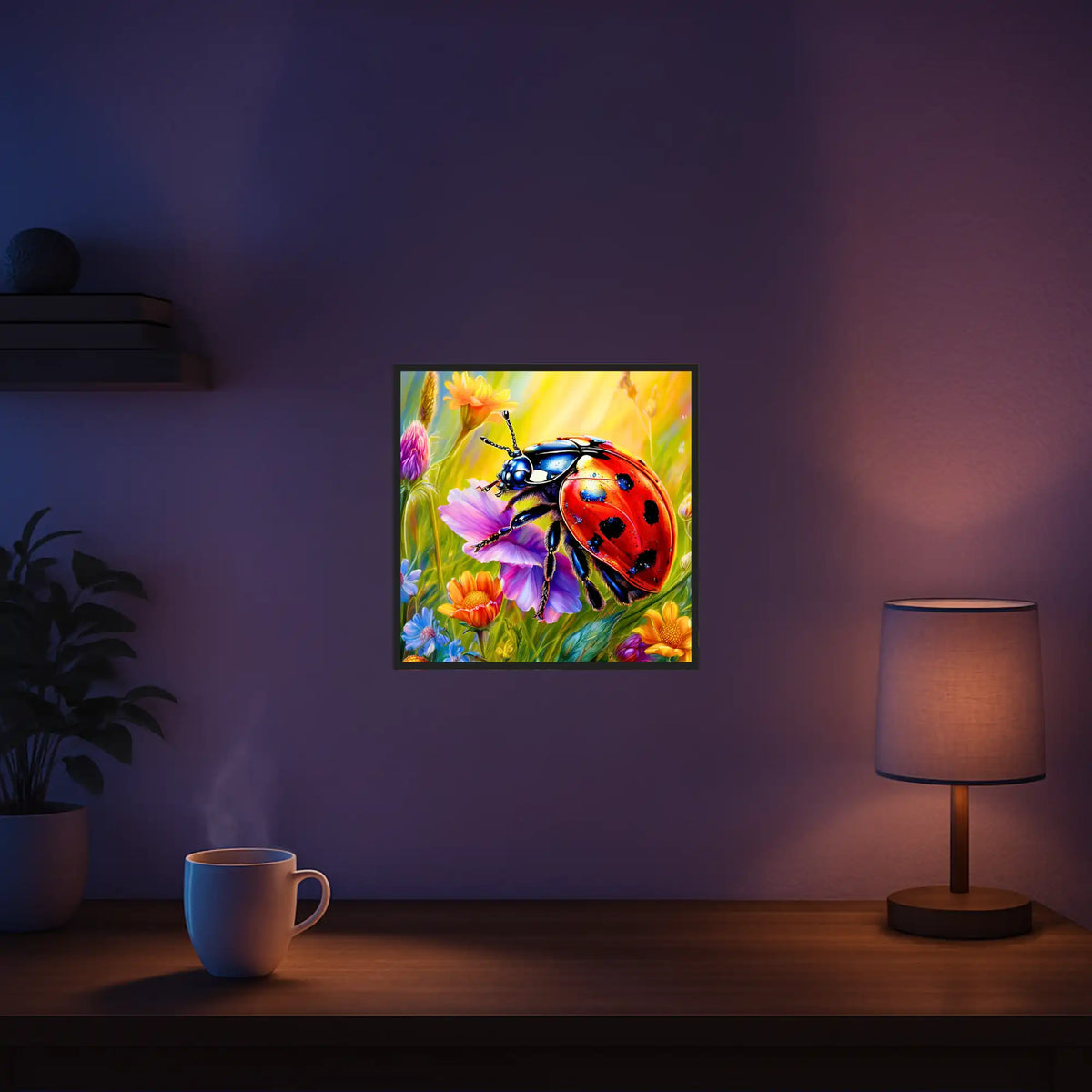 Diamond Painting Set Motiv Marienkäfer auf einer bunten Blumenwiese, glitzerndes DIY-Kunstwerk mit lebendigen Farben