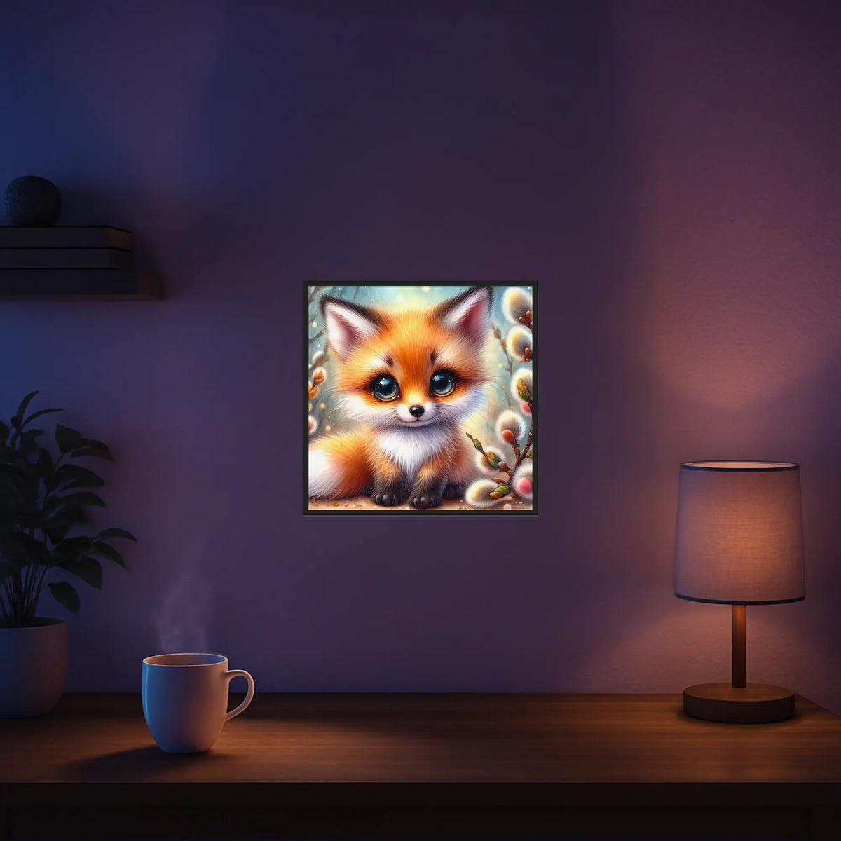 Diamond Painting Set mit niedlichem Fuchs, flauschigem Fell und großen blauen Augen zwischen zarten Weidenkätzchen.