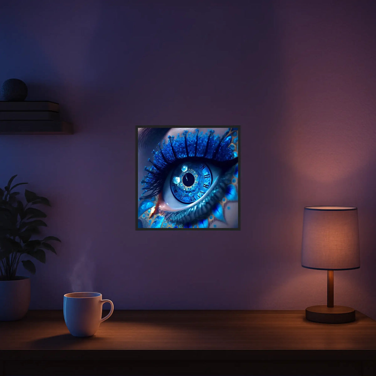 Diamond Painting Set Blick der Zeit: Buntes Auge mit Uhren-Iris in Blau-Tönen, 30x30cm Leinwand als Wanddekoration.