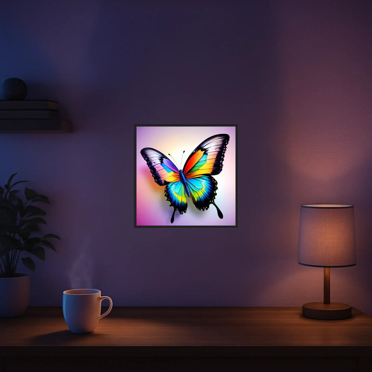 Diamond Painting mit buntem Regenbogen-Schmetterling an einer Zimmerwand als dekoratives DIY-Kunstwerk