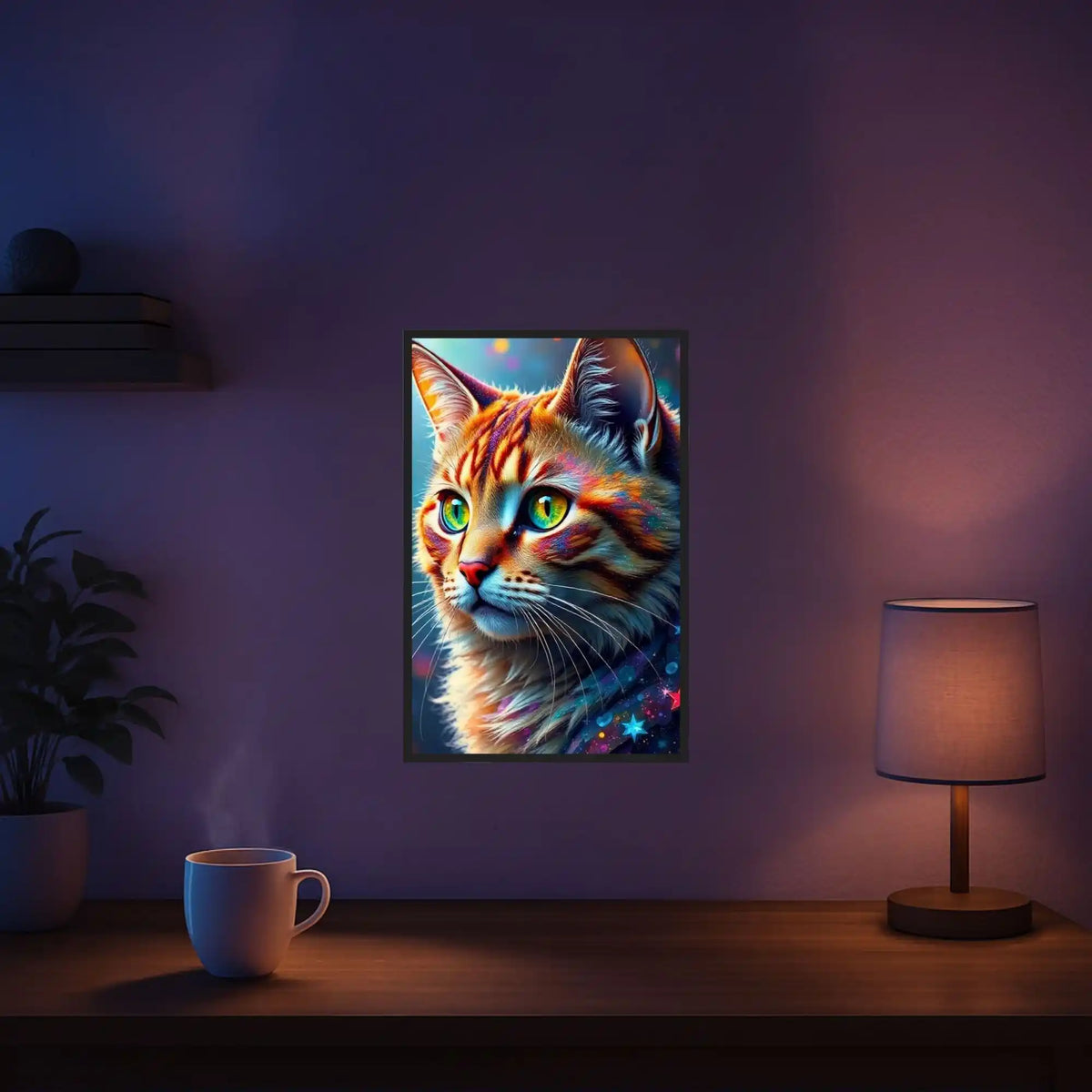 Diamond Painting Katze Sternenpfote mit buntem Fell und Galaxie-Motiv als glitzerndes Wandbild in modernem Raum