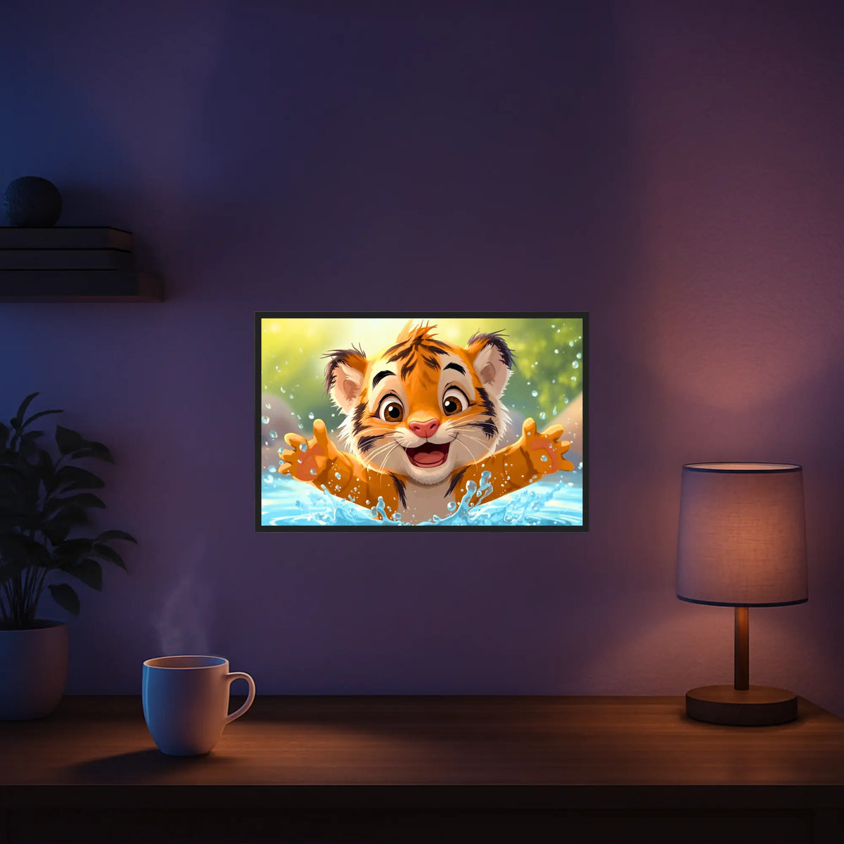 Diamond Painting Set eines niedlichen Tigerbabys, das fröhlich im Wasser planscht – Motiv Platsch ins Glück