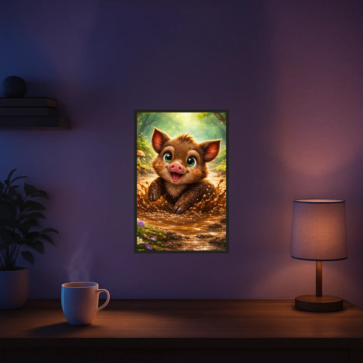 Diamond Painting Set Pfützenglück: Niedliches Wildschweinbaby spielt im Matsch in einer Waldszene