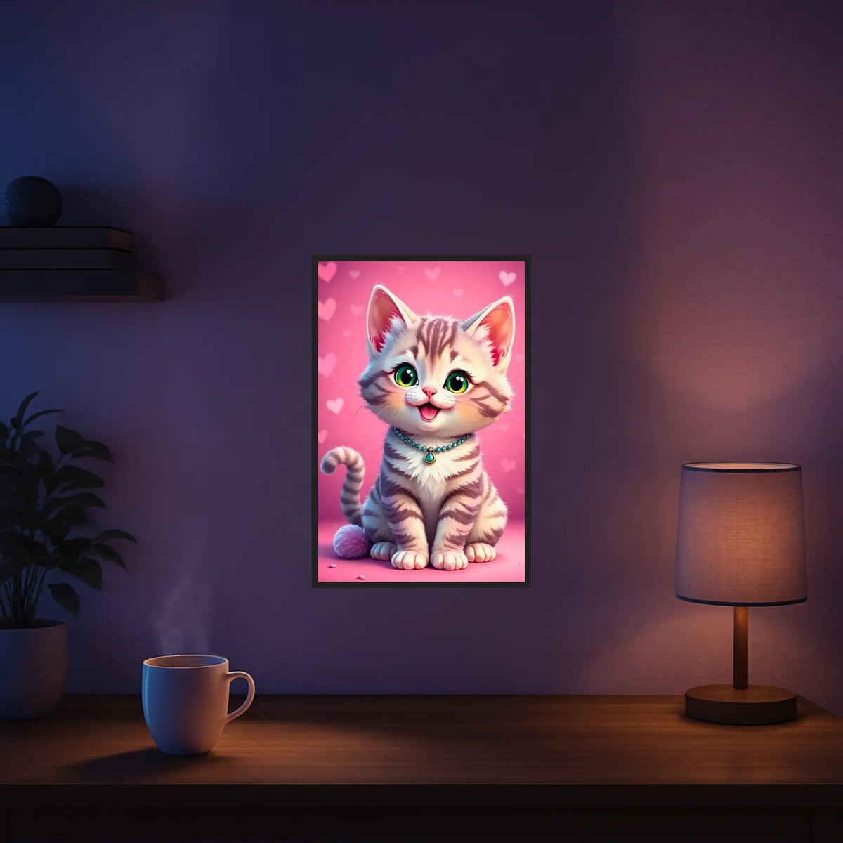 Diamond Painting Set Pippa: Niedliches Katzenbaby mit grünen Augen und Herzchen-Motiv auf rosa Hintergrund als Bastelset.