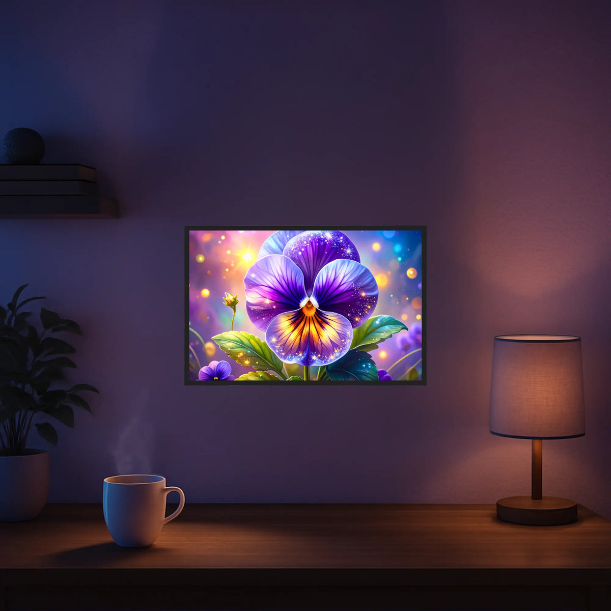 Diamond Painting Sternenveilchen mit leuchtender, violetter Blüte und funkelnden AB-Steinen als dekoratives Wandbild.