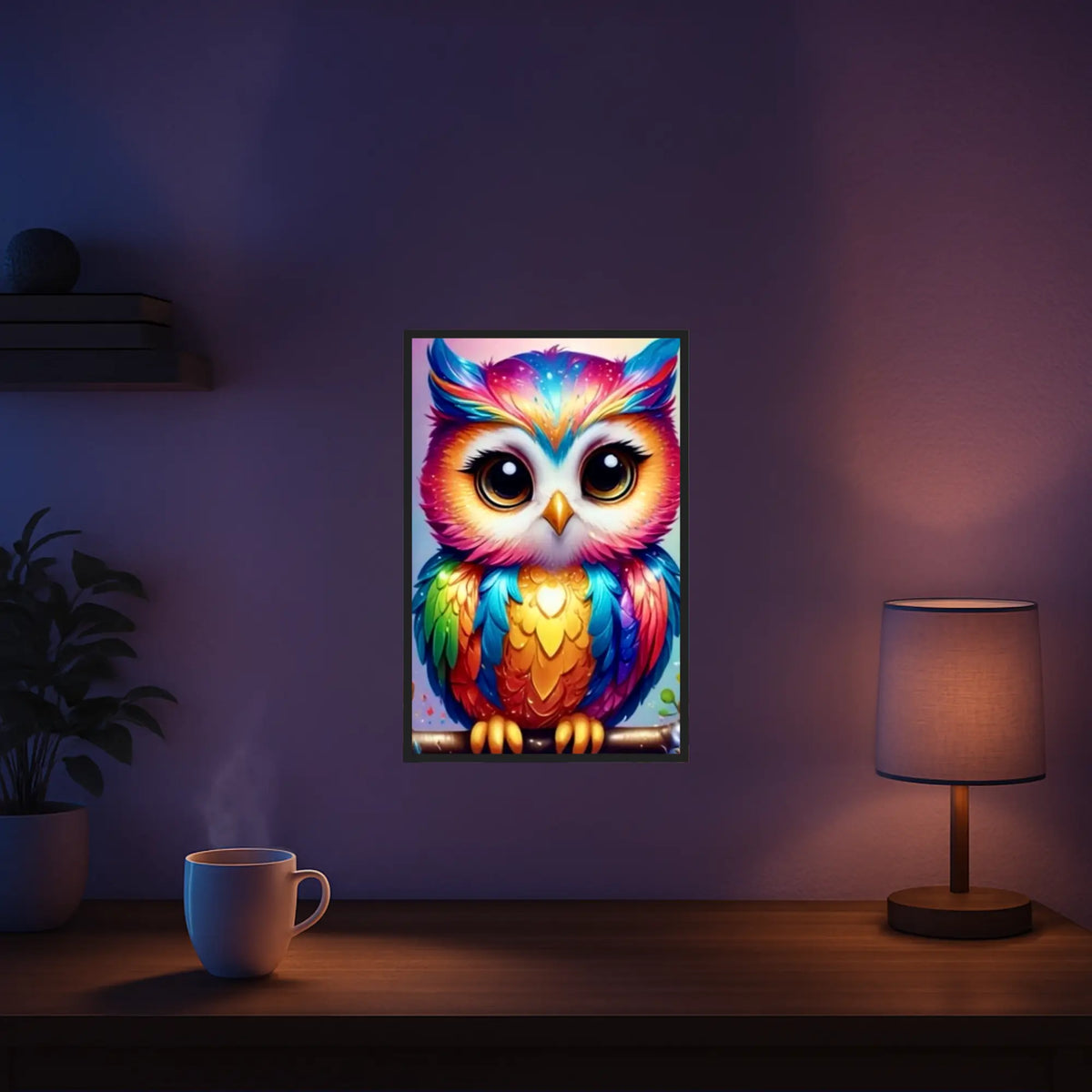 Diamond Painting Set Fridolin: Bunte Eule mit großen Augen auf einem Ast, strahlendes Kunstwerk mit leuchtenden Farben.