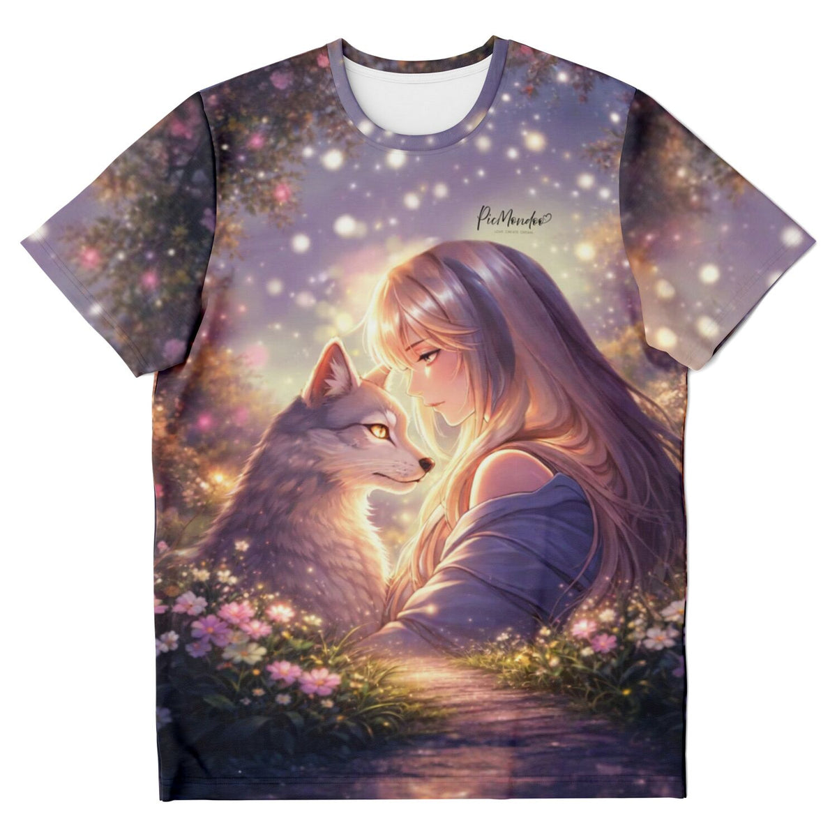 Dreamer T-Shirt mit Mädchen und Wolf im Zauberwald, inspiriert von Diamond Painting und Malen nach Zahlen Motiven.