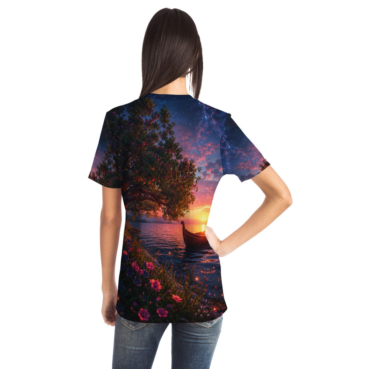 T-Shirt mit traumhaftem Landschaftsmotiv: Boot am See bei Sonnenuntergang, passend zu Diamond Painting und Malen nach Zahlen