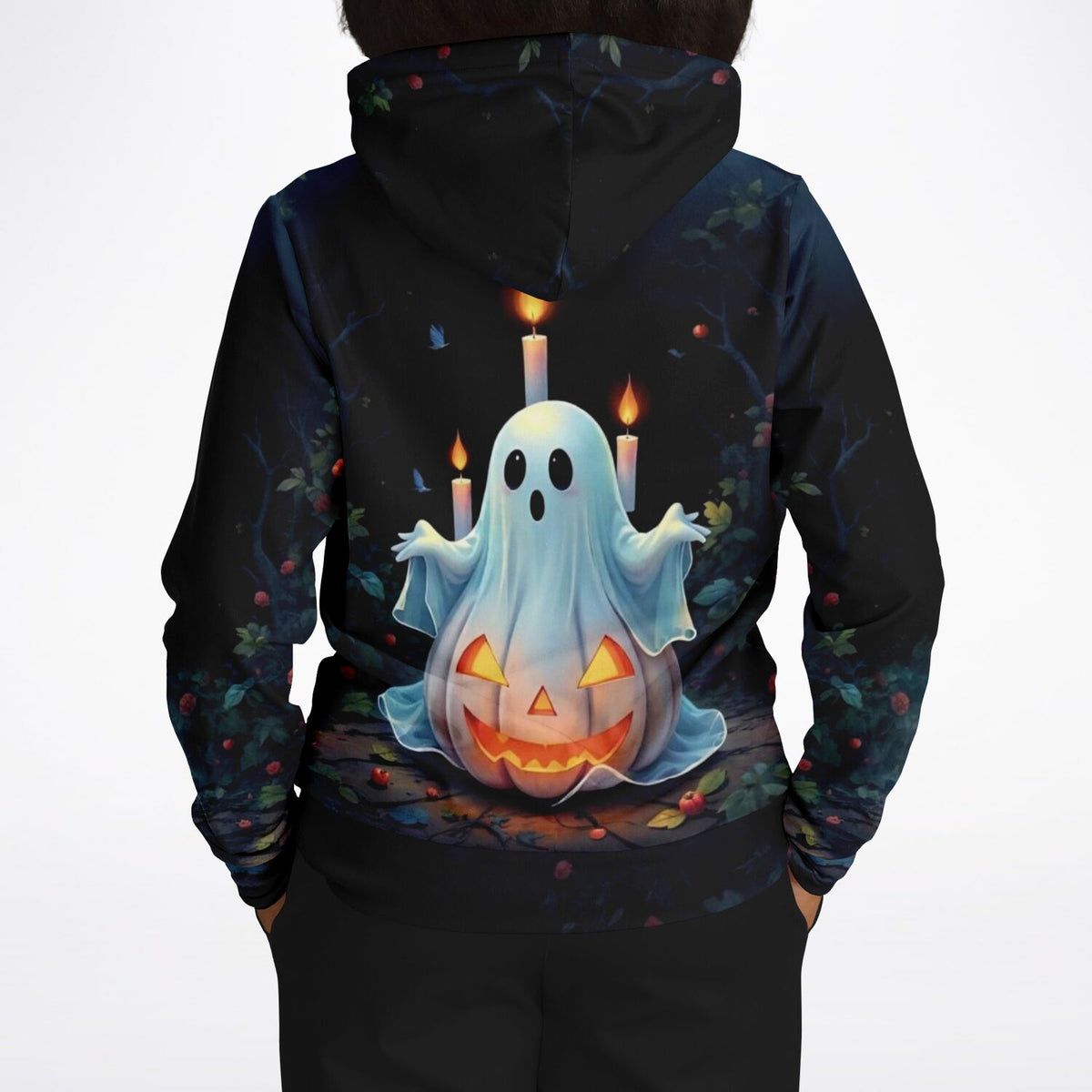 Schwarzer Hoodie mit Halloween-Motiv: Ein Geist auf einem Kürbis bei Kerzenschein im Stil von Diamond Painting Kunst