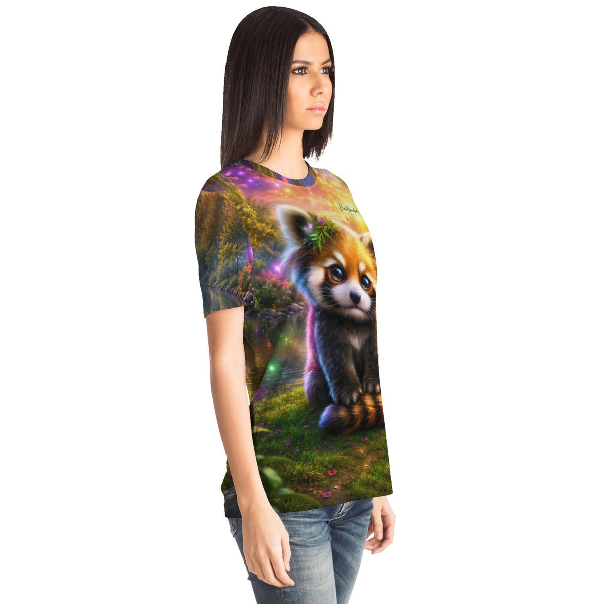 Frau trägt Dreamer T-Shirt Kind des Waldes mit süßem Roten Panda Motiv im Stil eines Diamond Painting Designs