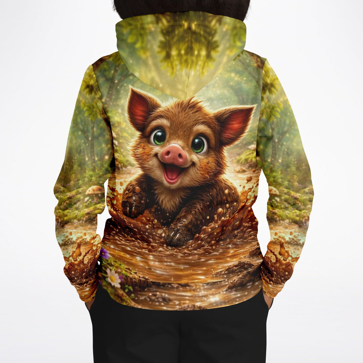 Dreamer Hoodie Pfützenglück mit süßem Wildschwein-Motiv, das stilistisch an unsere beliebten Malen nach Zahlen Sets erinnert.