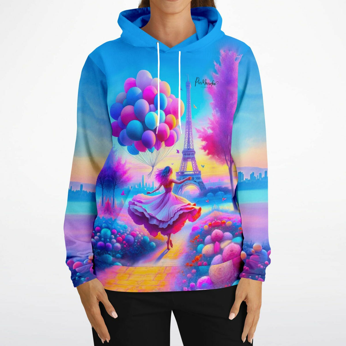 Dreamer Hoodie mit farbenfrohem Paris-Motiv, Eiffelturm, Luftballons und tanzender Frau im Stil von Diamond Painting
