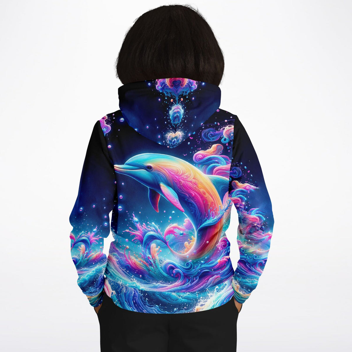 Hoodie mit Delfin-Motiv im Farbenmeer, ideal als Inspiration für farbenfrohes Diamond Painting oder Malen nach Zahlen