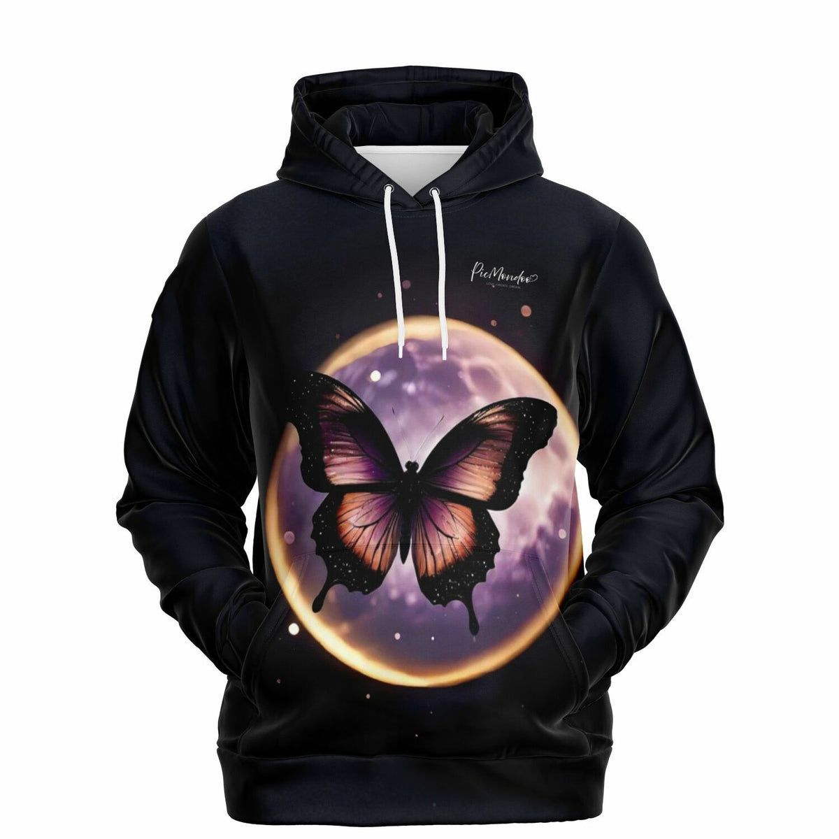 Schwarzer Picmondoo Hoodie mit lila Schmetterling-Motiv vor vollem Mond, passend für Diamond Painting Fans als Freizeitlook