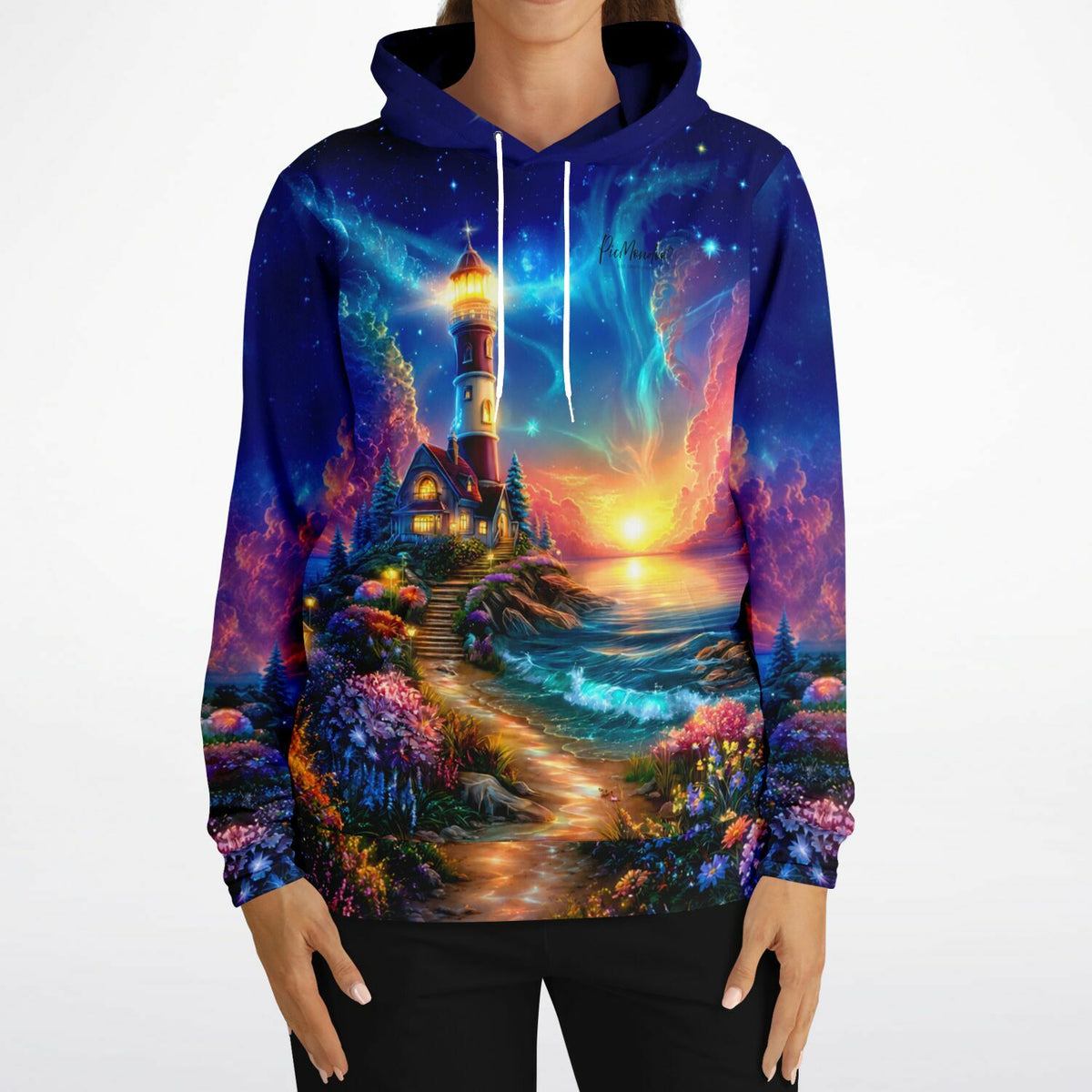 Dreamer Hoodie Wächter des Horizonts mit buntem Leuchtturm-Motiv im Stil von Diamond Painting Kunstwerken