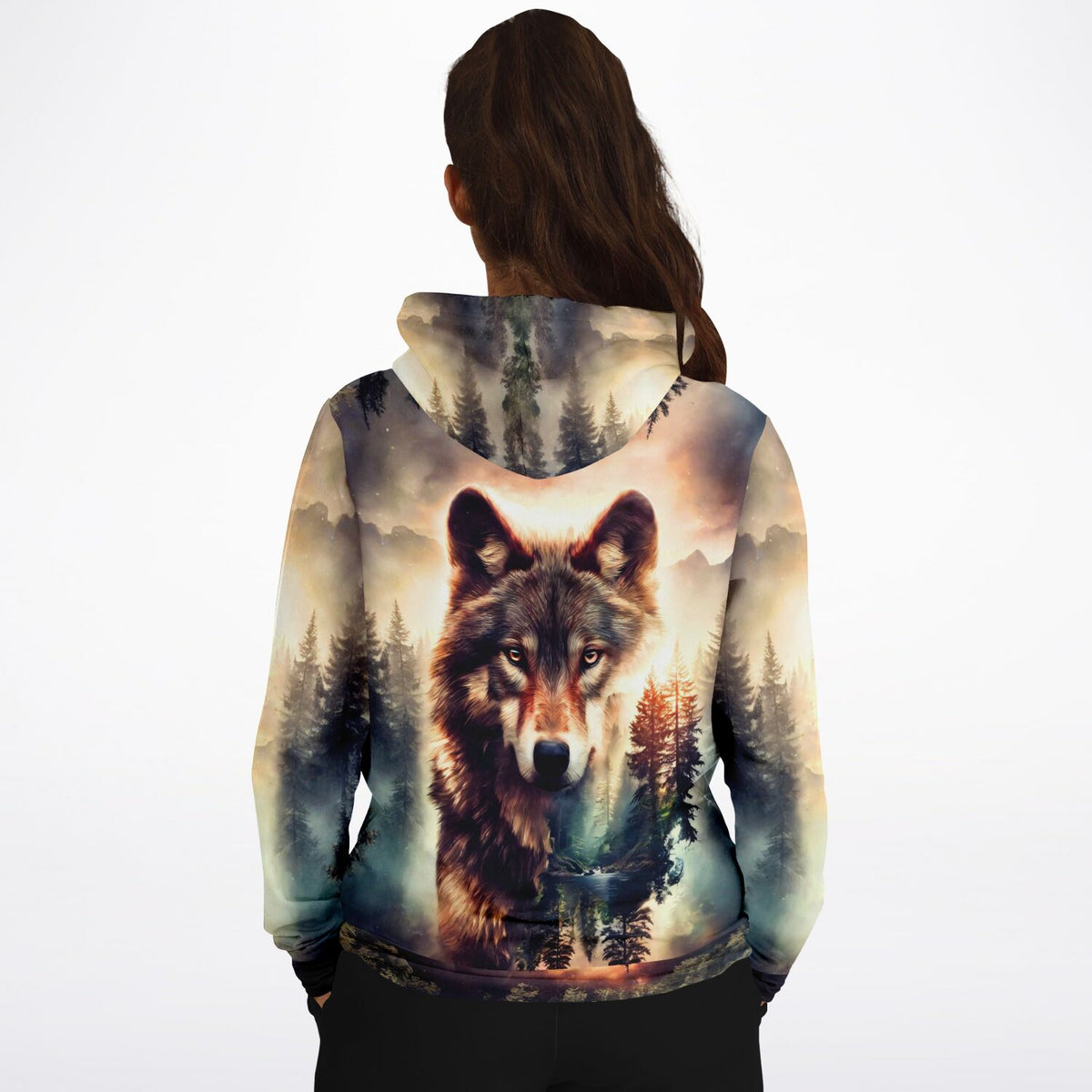 Dreamer Hoodie mit Wolf-Motiv und Waldlandschaft, inspiriert von populären Diamond Painting und Malen nach Zahlen Designs.