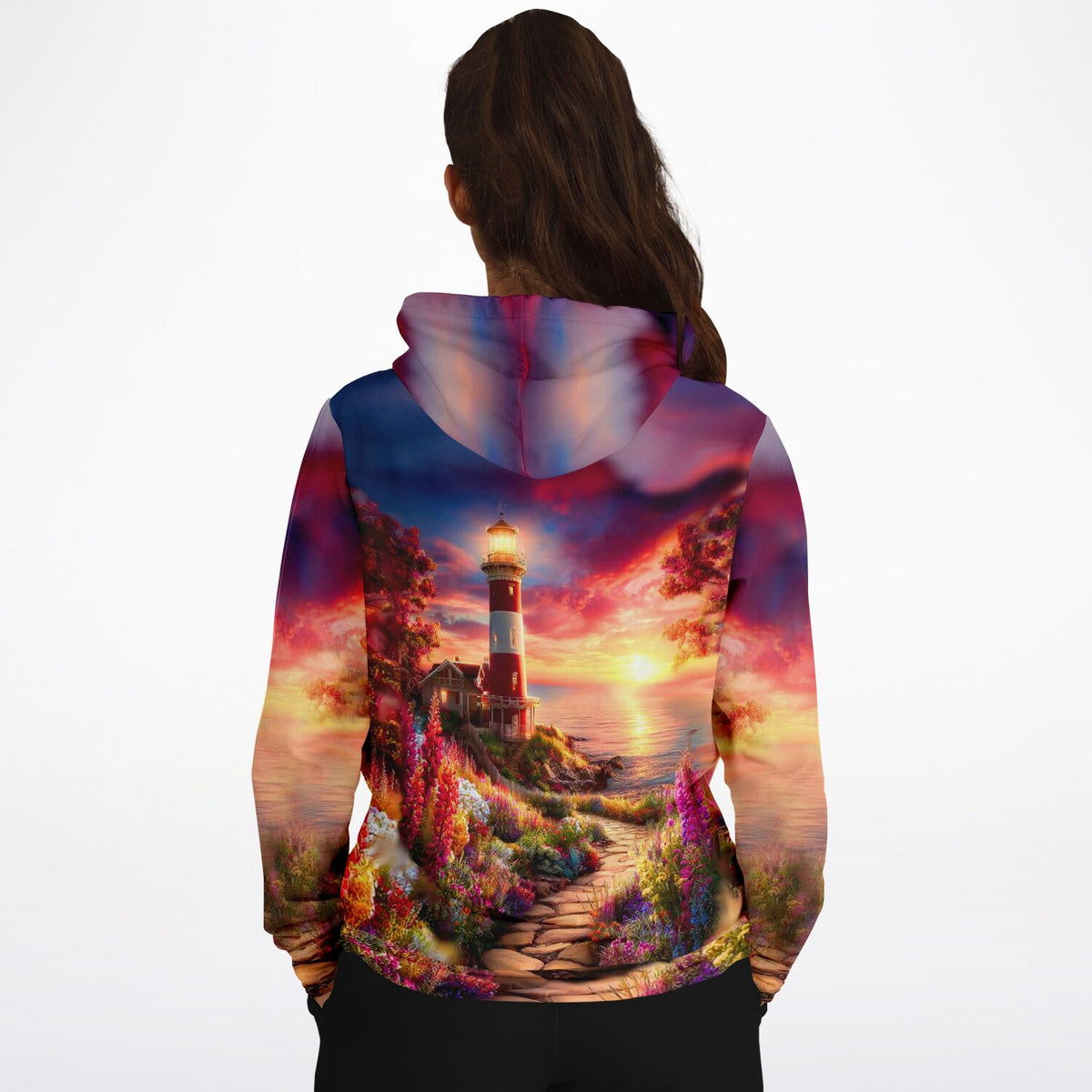 Dreamer Hoodie mit Leuchtturm-Motiv im Stil von Diamond Painting, leuchtender Sonnenuntergang und Blumenpfad