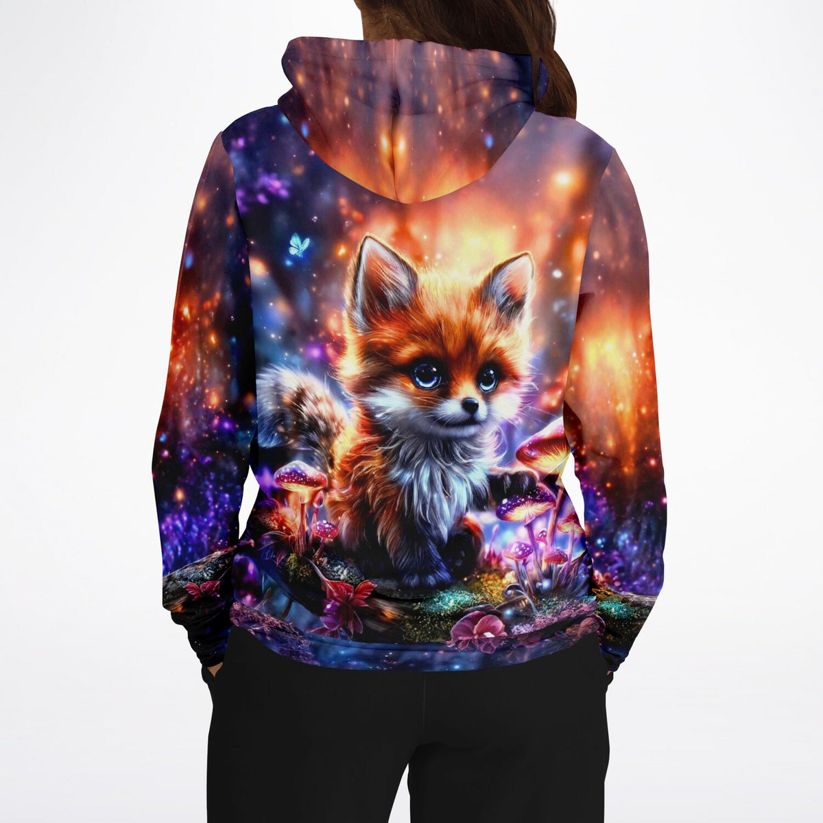 Dreamer Hoodie mit niedlichem Fuchs, leuchtenden Pilzen und magischem Galaxie-Motiv im All-Over-Print Design
