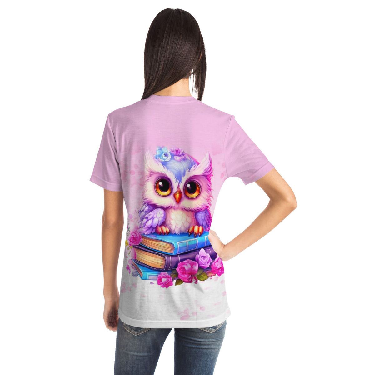 Rosa T-Shirt mit niedlichem Büchereulen-Motiv im Stil unserer Diamond Painting und Malen nach Zahlen Kunstwerke